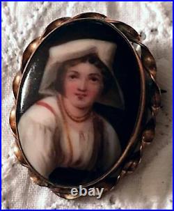 Antique Victorian Miniature Portrait Brooch Cameo Dutch Hand Paint Porcelain Pin