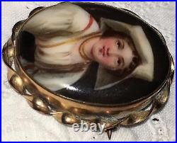 Antique Victorian Miniature Portrait Brooch Cameo Dutch Hand Paint Porcelain Pin