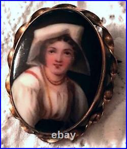 Antique Victorian Miniature Portrait Brooch Cameo Dutch Hand Paint Porcelain Pin