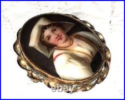 Antique Victorian Miniature Portrait Brooch Cameo Dutch Hand Paint Porcelain Pin