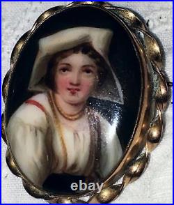 Antique Victorian Miniature Portrait Brooch Cameo Dutch Hand Paint Porcelain Pin