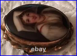 Antique Victorian Miniature Portrait Brooch Cameo Dutch Hand Paint Porcelain Pin