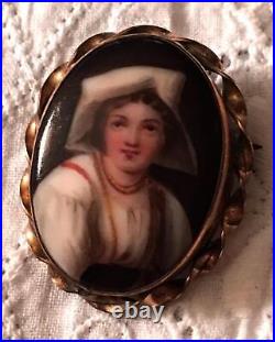 Antique Victorian Miniature Portrait Brooch Cameo Dutch Hand Paint Porcelain Pin