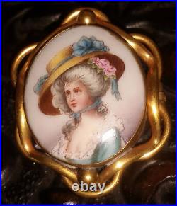 Antique Victorian Miniature Portrait Brooch Cameo Dutch Hand Paint Porcelain Pin