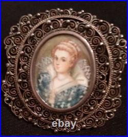 Antique Victorian Miniature Portrait Brooch Cameo Dutch Hand Paint Porcelain Pin