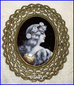 Antique Victorian Miniature Portrait Brooch Cameo Dutch Hand Paint Porcelain Pin