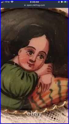 Antique Victorian Miniature Portrait Brooch Hand Painted Porcelain Biedermeier