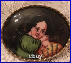 Antique Victorian Miniature Portrait Brooch Hand Painted Porcelain Biedermeier