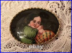Antique Victorian Miniature Portrait Cameo Enamel Hand Painted Porcelain Brooch