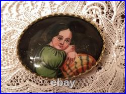 Antique Victorian Miniature Portrait Cameo Enamel Hand Painted Porcelain Brooch