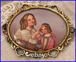 Antique Victorian Miniature Portrait Porcelain Cameo Brooch Pin Hand Painted