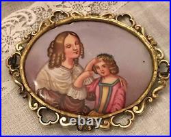 Antique Victorian Miniature Portrait Porcelain Cameo Brooch Pin Hand Painted