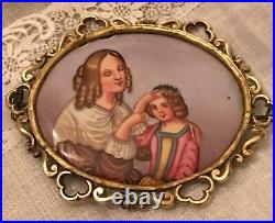 Antique Victorian Miniature Portrait Porcelain Cameo Brooch Pin Hand Painted