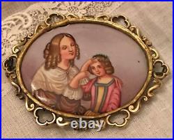 Antique Victorian Miniature Portrait Porcelain Cameo Brooch Pin Hand Painted