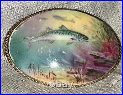 Antique Victorian Minton Landscape Portrait Fish Brooch Cameo Gold Vermeil MOP