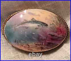 Antique Victorian Minton Landscape Portrait Fish Brooch Cameo Gold Vermeil MOP