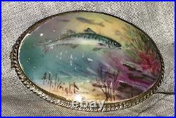 Antique Victorian Minton Landscape Portrait Fish Brooch Cameo Gold Vermeil MOP
