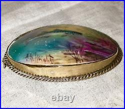 Antique Victorian Minton Landscape Portrait Fish Brooch Cameo Gold Vermeil MOP