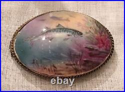 Antique Victorian Minton Landscape Portrait Fish Brooch Cameo Gold Vermeil MOP