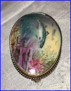 Antique Victorian Minton Landscape Portrait Fish Brooch Cameo Gold Vermeil MOP
