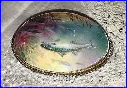 Antique Victorian Minton Landscape Portrait Fish Brooch Cameo Gold Vermeil MOP