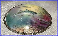 Antique Victorian Minton Landscape Portrait Fish Brooch Cameo Gold Vermeil MOP