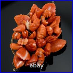 Antique Victorian Momo Natural Coral Hand Carved Brooch Pin Large Flower Gold