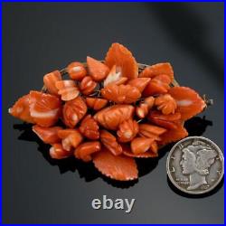 Antique Victorian Momo Natural Coral Hand Carved Brooch Pin Large Flower Gold