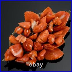Antique Victorian Momo Natural Coral Hand Carved Brooch Pin Large Flower Gold