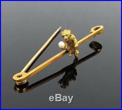 Antique Victorian Monkey & Pearl 15K Yellow Gold Hand Made Bar Pin