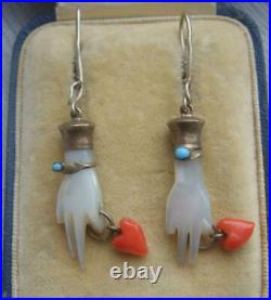 Antique Victorian Mother of Pearl Hand Earrings Real Coral Hearts & Turquoise