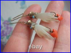 Antique Victorian Mother of Pearl Hand Earrings Real Coral Hearts & Turquoise