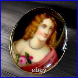 Antique Victorian Mourning Brooch Hand Painted Porcelain Portrait Gilded Frame