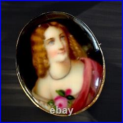 Antique Victorian Mourning Brooch Hand Painted Porcelain Portrait Gilded Frame