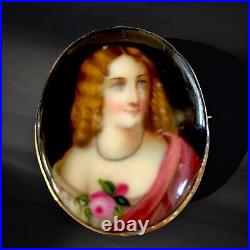 Antique Victorian Mourning Brooch Hand Painted Porcelain Portrait Gilded Frame