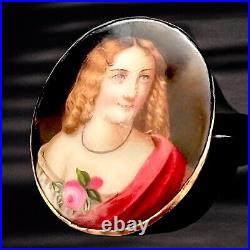 Antique Victorian Mourning Brooch Hand Painted Porcelain Portrait Gilded Frame