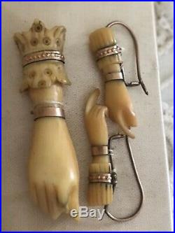 Antique Victorian Mourning Ivory Colored Queen Victoria Hands Pendant & Earrings