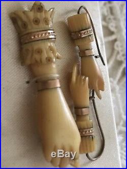Antique Victorian Mourning Ivory Colored Queen Victoria Hands Pendant & Earrings