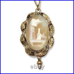 Antique Victorian Mourning Shell Cameo Pendant Necklace 10K Gold Setting 16 in