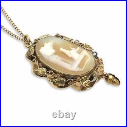 Antique Victorian Mourning Shell Cameo Pendant Necklace 10K Gold Setting 16 in