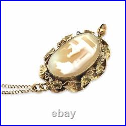 Antique Victorian Mourning Shell Cameo Pendant Necklace 10K Gold Setting 16 in