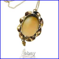 Antique Victorian Mourning Shell Cameo Pendant Necklace 10K Gold Setting 16 in