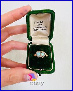 Antique Victorian Opal and Diamond Double Heart Ring 18k Gold Heart Pinky Ring