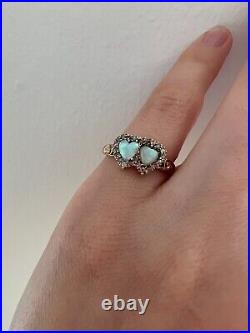 Antique Victorian Opal and Diamond Double Heart Ring 18k Gold Heart Pinky Ring