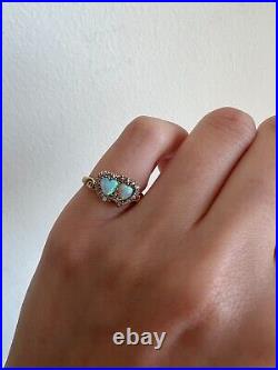 Antique Victorian Opal and Diamond Double Heart Ring 18k Gold Heart Pinky Ring