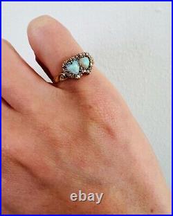 Antique Victorian Opal and Diamond Double Heart Ring 18k Gold Heart Pinky Ring