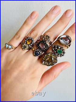 Antique Victorian Opal and Diamond Double Heart Ring 18k Gold Heart Pinky Ring