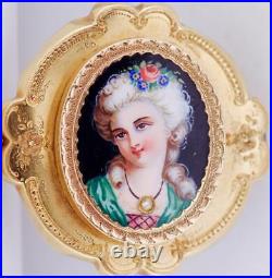 Antique Victorian Ornate Brooch 18k Gold Hand Painted Enamel and Diamond c1870's