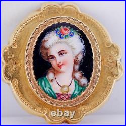 Antique Victorian Ornate Brooch 18k Gold Hand Painted Enamel and Diamond c1870's