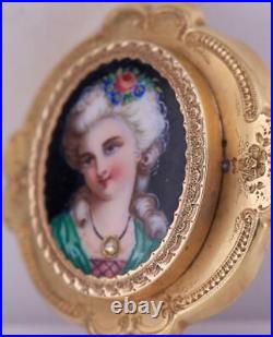 Antique Victorian Ornate Brooch 18k Gold Hand Painted Enamel and Diamond c1870's